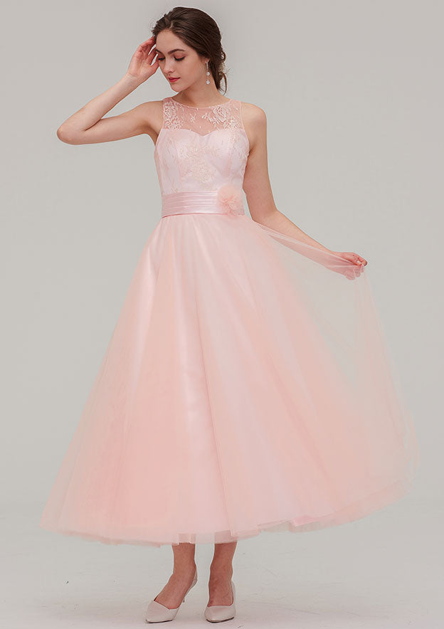 Tea-Length Tulle Bridesmaid Dress, A-Line/Princess Shape, Bateau Neck, Sleeveless, With Waistband And Lace BM bride