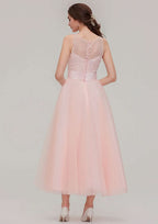 Tea-Length Tulle Bridesmaid Dress, A-Line/Princess Shape, Bateau Neck, Sleeveless, With Waistband And Lace BM bride