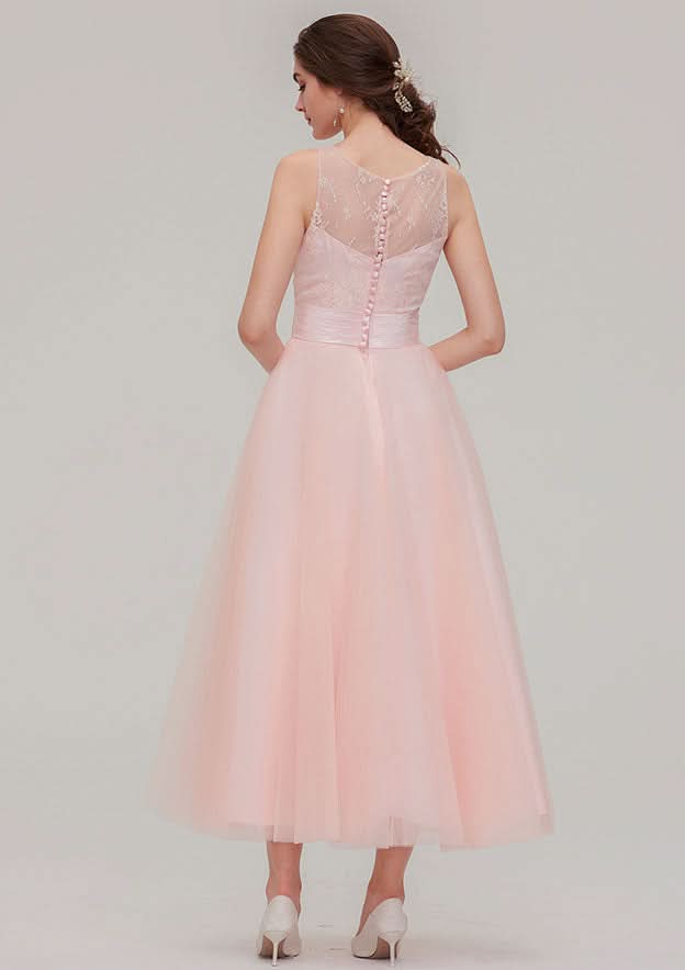 Tea-Length Tulle Bridesmaid Dress, A-Line/Princess Shape, Bateau Neck, Sleeveless, With Waistband And Lace BM bride
