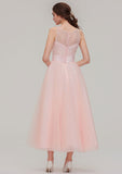 Tea-Length Tulle Bridesmaid Dress, A-Line/Princess Shape, Bateau Neck, Sleeveless, With Waistband And Lace BM bride