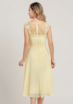 Tea-Length Chiffon Mother of the Bride Dress with Jacket Lace Sashes, Sleeveless Scoop Neck A-line BM bride