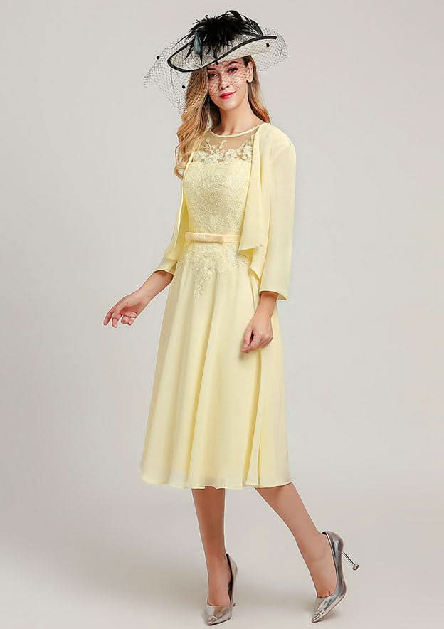 Tea-Length Chiffon Mother of the Bride Dress with Jacket Lace Sashes, Sleeveless Scoop Neck A-line BM bride