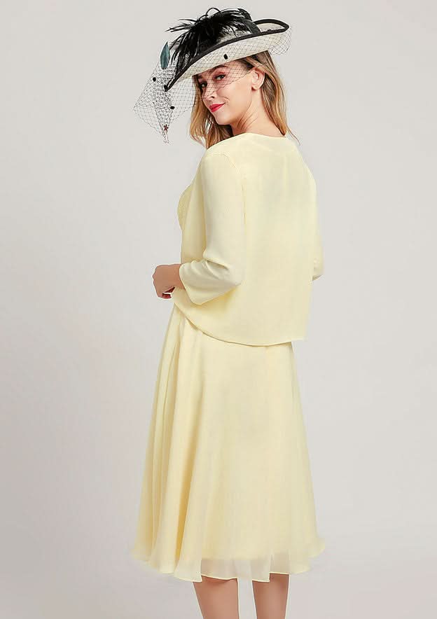 Tea-Length Chiffon Mother of the Bride Dress with Jacket Lace Sashes, Sleeveless Scoop Neck A-line BM bride