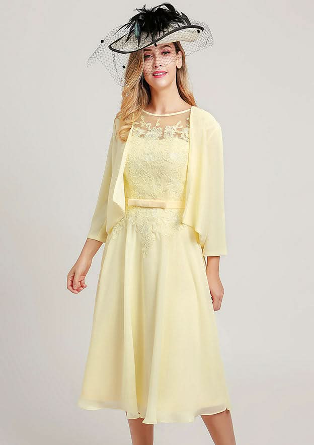 Tea-Length Chiffon Mother of the Bride Dress with Jacket Lace Sashes, Sleeveless Scoop Neck A-line BM bride