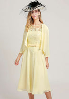 Tea-Length Chiffon Mother of the Bride Dress with Jacket Lace Sashes, Sleeveless Scoop Neck A-line BM bride
