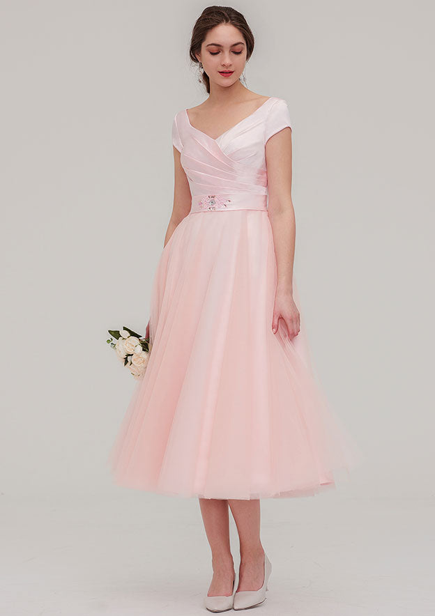 Tea-Length Sequined Bridesmaid Dress, A-Line/Princess Cut, Bateau Neck, Sleeveless, With Sashes BM bride