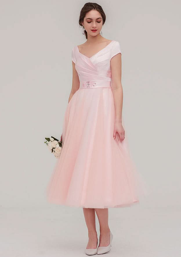 Tea-Length Sequined Bridesmaid Dress, A-Line/Princess Cut, Bateau Neck, Sleeveless, With Sashes BM bride