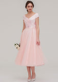 Tea-Length Sequined Bridesmaid Dress, A-Line/Princess Cut, Bateau Neck, Sleeveless, With Sashes BM bride