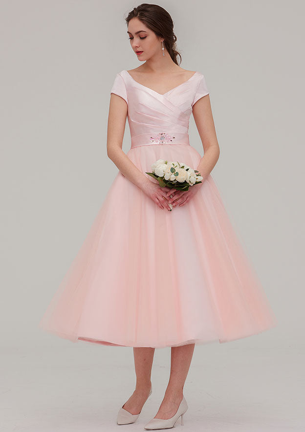 Tea-Length Sequined Bridesmaid Dress, A-Line/Princess Cut, Bateau Neck, Sleeveless, With Sashes BM bride