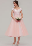 Tea-Length Sequined Bridesmaid Dress, A-Line/Princess Cut, Bateau Neck, Sleeveless, With Sashes BM bride