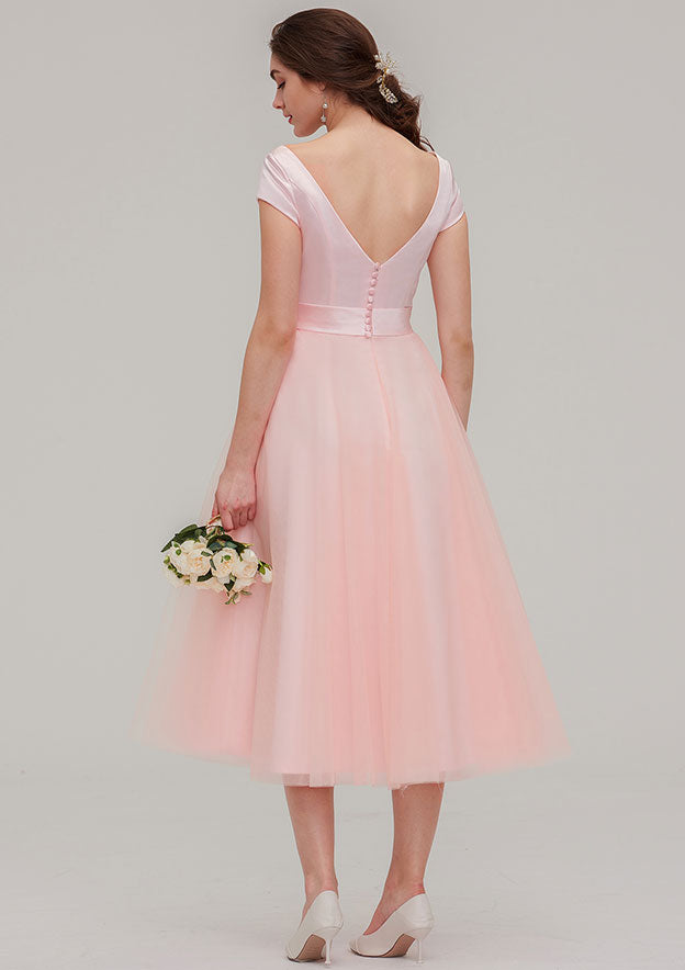 Tea-Length Sequined Bridesmaid Dress, A-Line/Princess Cut, Bateau Neck, Sleeveless, With Sashes BM bride