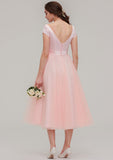 Tea-Length Sequined Bridesmaid Dress, A-Line/Princess Cut, Bateau Neck, Sleeveless, With Sashes BM bride
