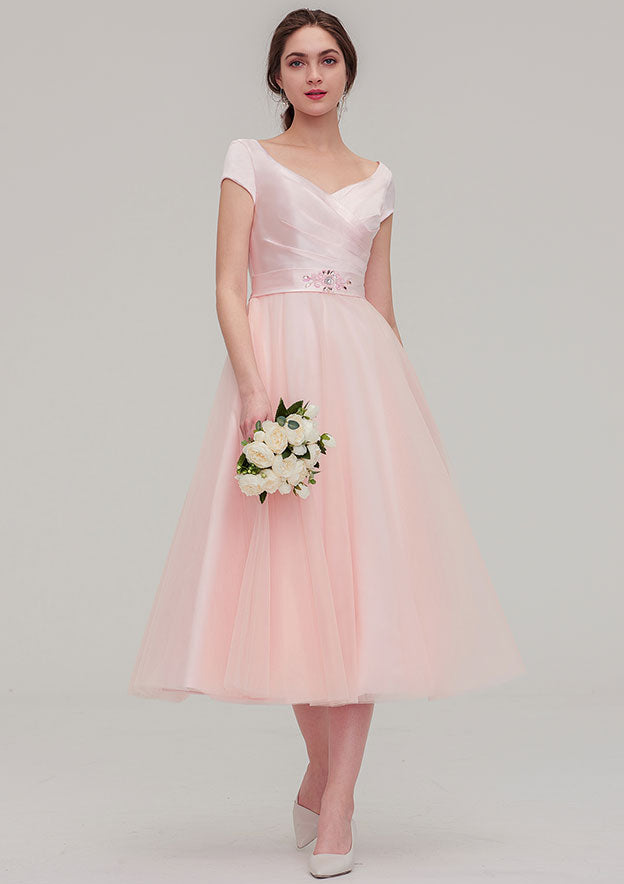 Tea-Length Sequined Bridesmaid Dress, A-Line/Princess Cut, Bateau Neck, Sleeveless, With Sashes BM bride