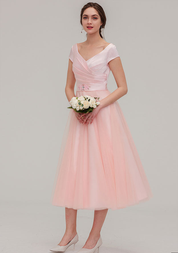 Tea-Length Sequined Bridesmaid Dress, A-Line/Princess Cut, Bateau Neck, Sleeveless, With Sashes BM bride