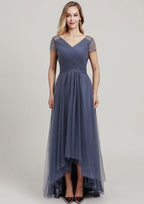 Asymmetrical Tulle Mother of the Bride Dress with Sequins Beading Pleated, Short Sleeve V Neck A-line BM bride