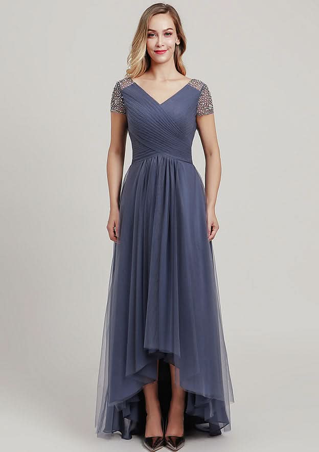 Asymmetrical Tulle Mother of the Bride Dress with Sequins Beading Pleated, Short Sleeve V Neck A-line BM bride
