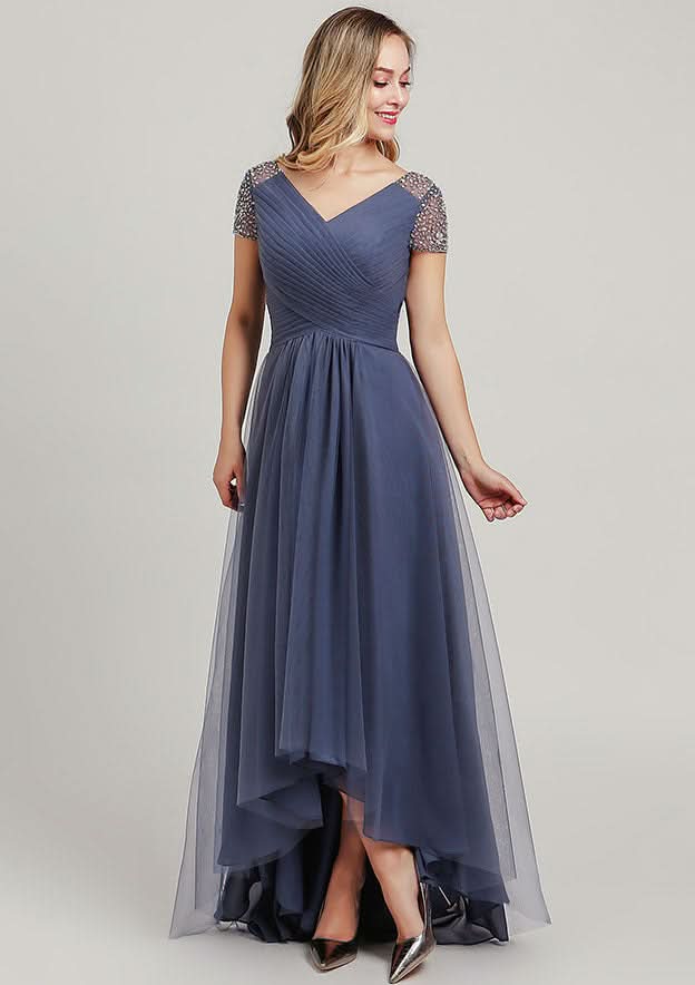 Asymmetrical Tulle Mother of the Bride Dress with Sequins Beading Pleated, Short Sleeve V Neck A-line BM bride