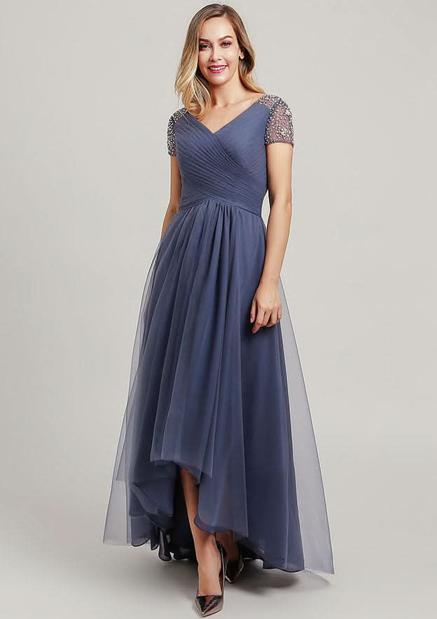 Asymmetrical Tulle Mother of the Bride Dress with Sequins Beading Pleated, Short Sleeve V Neck A-line BM bride