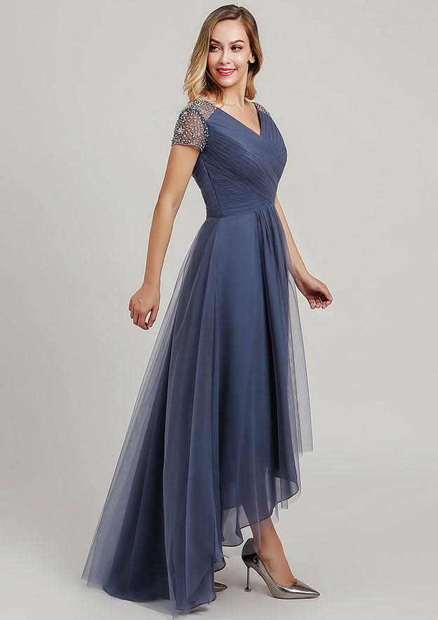 Asymmetrical Tulle Mother of the Bride Dress with Sequins Beading Pleated, Short Sleeve V Neck A-line BM bride