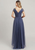 Asymmetrical Tulle Mother of the Bride Dress with Sequins Beading Pleated, Short Sleeve V Neck A-line BM bride