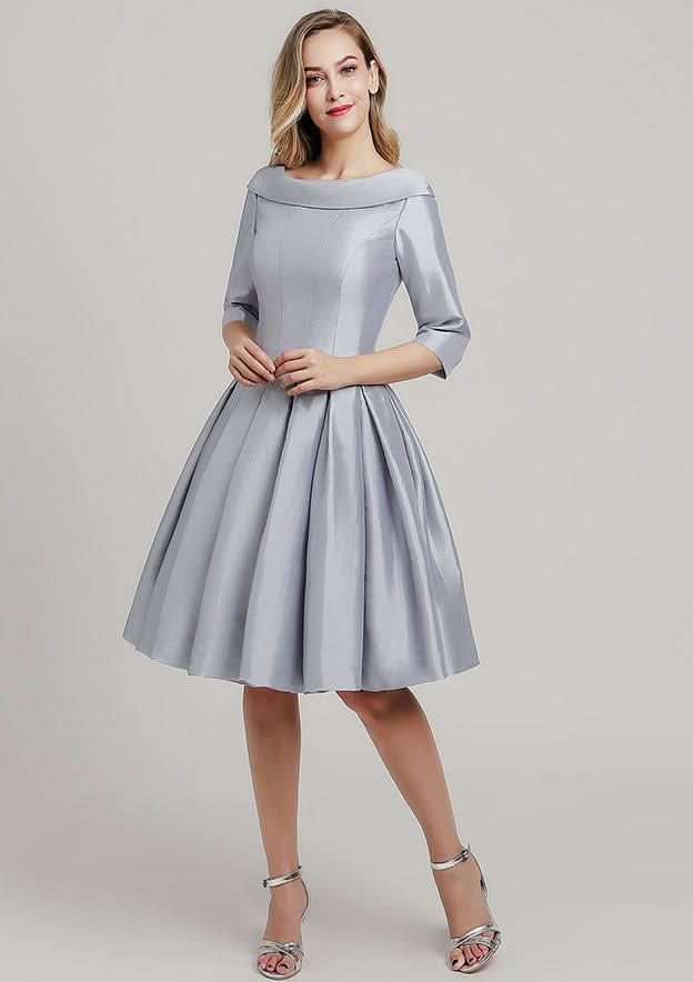 Knee-Length Taffeta Mother of the Bride Dress with Pleated, 3/4 Sleeve Scoop Neck A-line BM bride