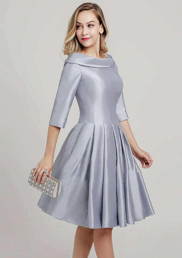 Knee-Length Taffeta Mother of the Bride Dress with Pleated, 3/4 Sleeve Scoop Neck A-line BM bride