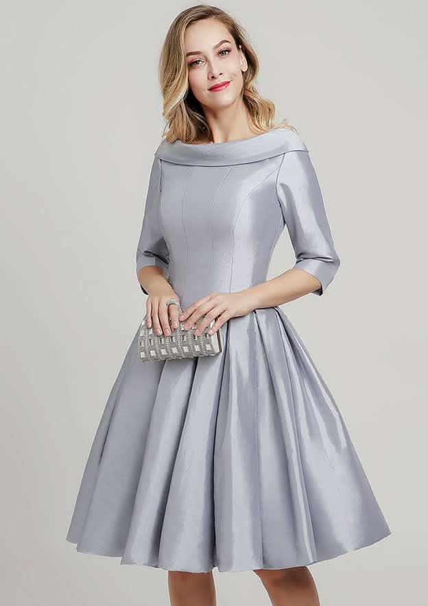 Knee-Length Taffeta Mother of the Bride Dress with Pleated, 3/4 Sleeve Scoop Neck A-line BM bride