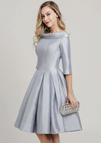 Knee-Length Taffeta Mother of the Bride Dress with Pleated, 3/4 Sleeve Scoop Neck A-line BM bride
