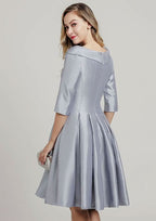 Knee-Length Taffeta Mother of the Bride Dress with Pleated, 3/4 Sleeve Scoop Neck A-line BM bride