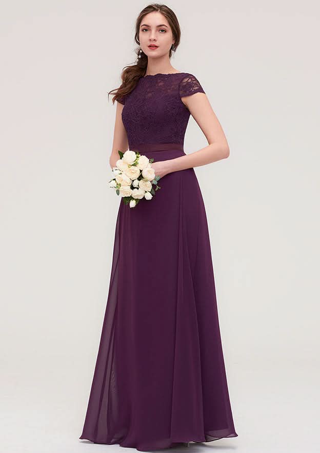 Floor-Length Chiffon Bridesmaid Dress, A-Line/Princess Style, Bateau Neck, Short Sleeves, With Sashes And Lace BM bride