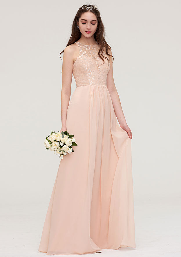 Floor-Length Chiffon Bridesmaid Dress, A-Line/Princess Shape, Bateau Neck, Sleeveless, With Lace And Pleats BM bride