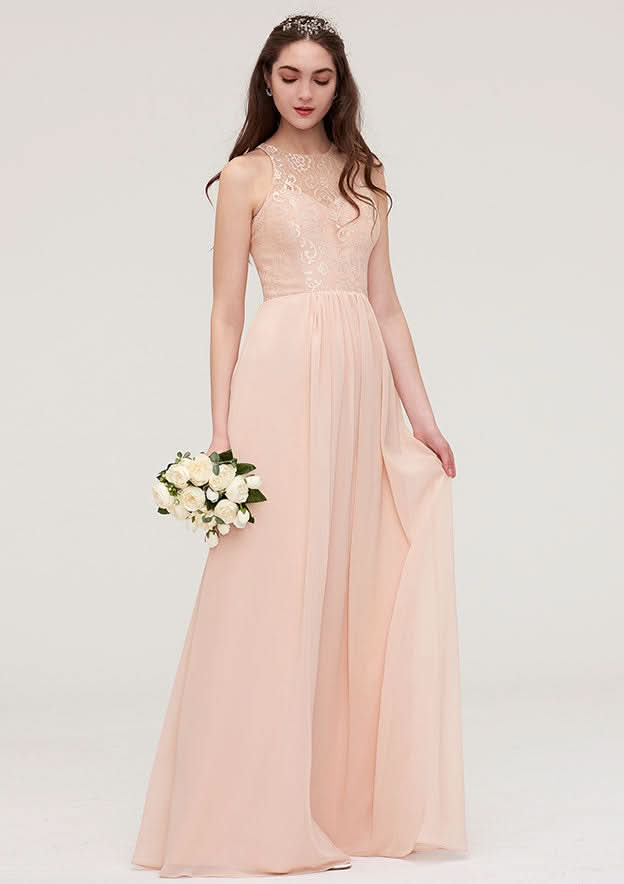 Floor-Length Chiffon Bridesmaid Dress, A-Line/Princess Shape, Bateau Neck, Sleeveless, With Lace And Pleats BM bride
