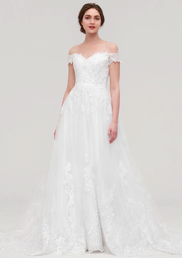 Graceful Tulle A-Line/Princess Off-the-Shoulder Sleeveless Chapel Train Wedding Dress with Lace Accents BM bride
