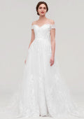 Graceful Tulle A-Line/Princess Off-the-Shoulder Sleeveless Chapel Train Wedding Dress with Lace Accents BM bride