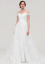 Graceful Tulle A-Line/Princess Off-the-Shoulder Sleeveless Chapel Train Wedding Dress with Lace Accents BM bride