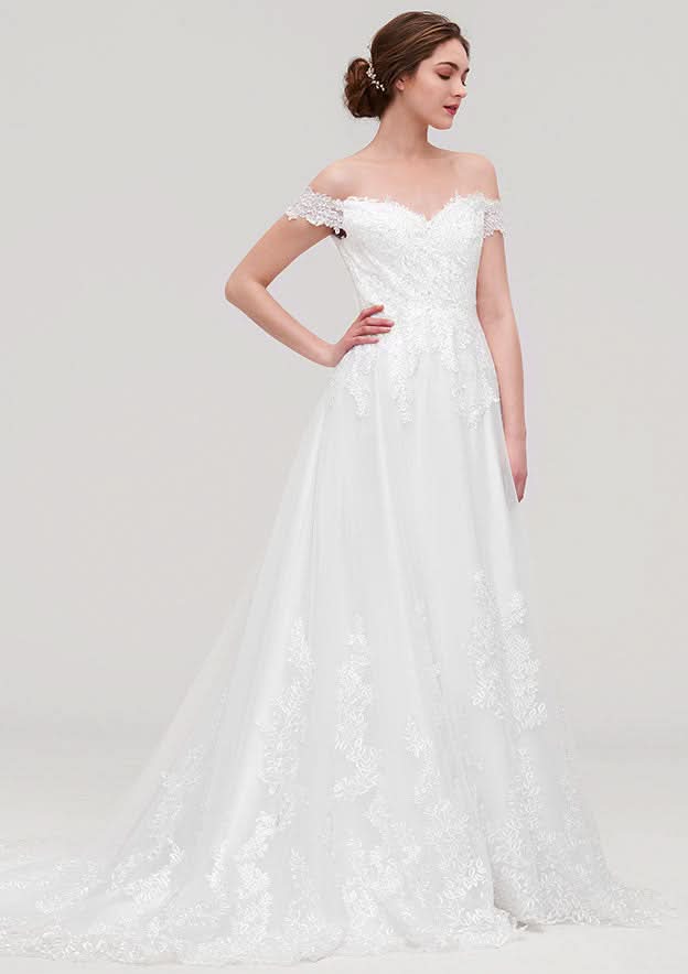 Graceful Tulle A-Line/Princess Off-the-Shoulder Sleeveless Chapel Train Wedding Dress with Lace Accents BM bride