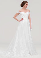Graceful Tulle A-Line/Princess Off-the-Shoulder Sleeveless Chapel Train Wedding Dress with Lace Accents BM bride