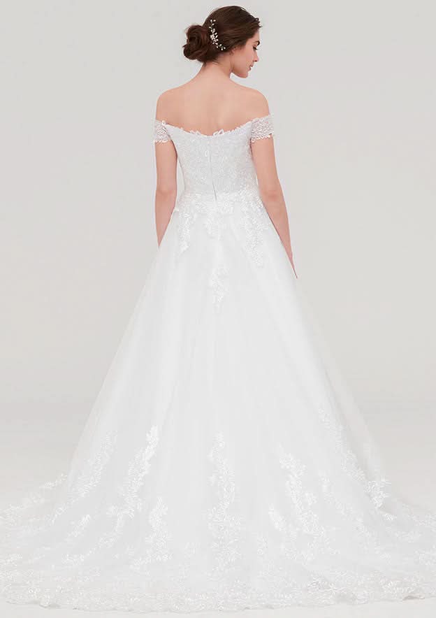 Graceful Tulle A-Line/Princess Off-the-Shoulder Sleeveless Chapel Train Wedding Dress with Lace Accents BM bride