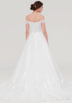 Graceful Tulle A-Line/Princess Off-the-Shoulder Sleeveless Chapel Train Wedding Dress with Lace Accents BM bride