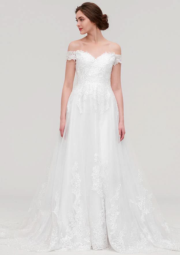 Graceful Tulle A-Line/Princess Off-the-Shoulder Sleeveless Chapel Train Wedding Dress with Lace Accents BM bride