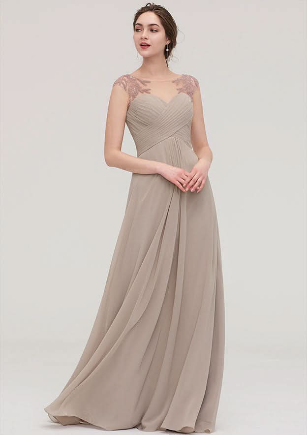Floor-Length Chiffon Bridesmaid Dress, A-Line/Princess Shape, Scoop Neck, Sleeveless, With Pleats And Beading BM bride
