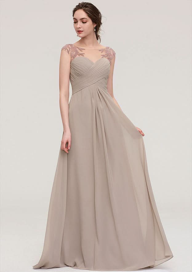 Floor-Length Chiffon Bridesmaid Dress, A-Line/Princess Shape, Scoop Neck, Sleeveless, With Pleats And Beading BM bride
