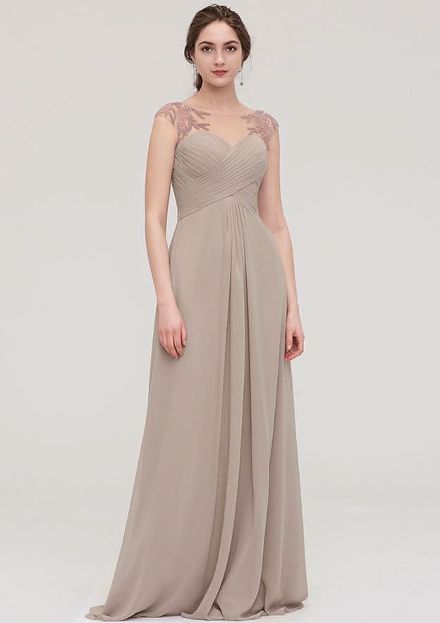 Floor-Length Chiffon Bridesmaid Dress, A-Line/Princess Shape, Scoop Neck, Sleeveless, With Pleats And Beading BM bride