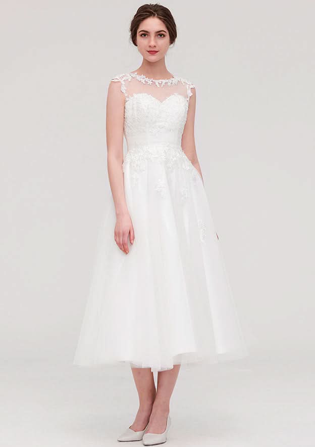 Enchanting A-Line/Princess Tulle Wedding Dress with Illusion Neck, Sleeveless Design, Tea-Length, and Applique Beading BM bride