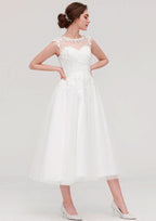 Enchanting A-Line/Princess Tulle Wedding Dress with Illusion Neck, Sleeveless Design, Tea-Length, and Appliqued Beading BM bride