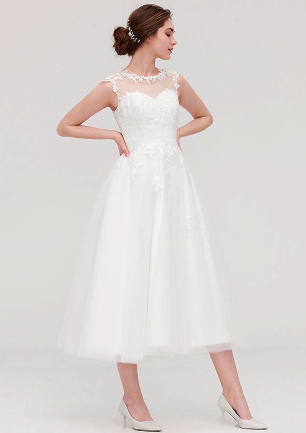 Enchanting A-Line/Princess Tulle Wedding Dress with Illusion Neck, Sleeveless Design, Tea-Length, and Appliqued Beading BM bride