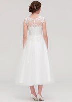 Enchanting A-Line/Princess Tulle Wedding Dress with Illusion Neck, Sleeveless Design, Tea-Length, and Applique Beading BM bride