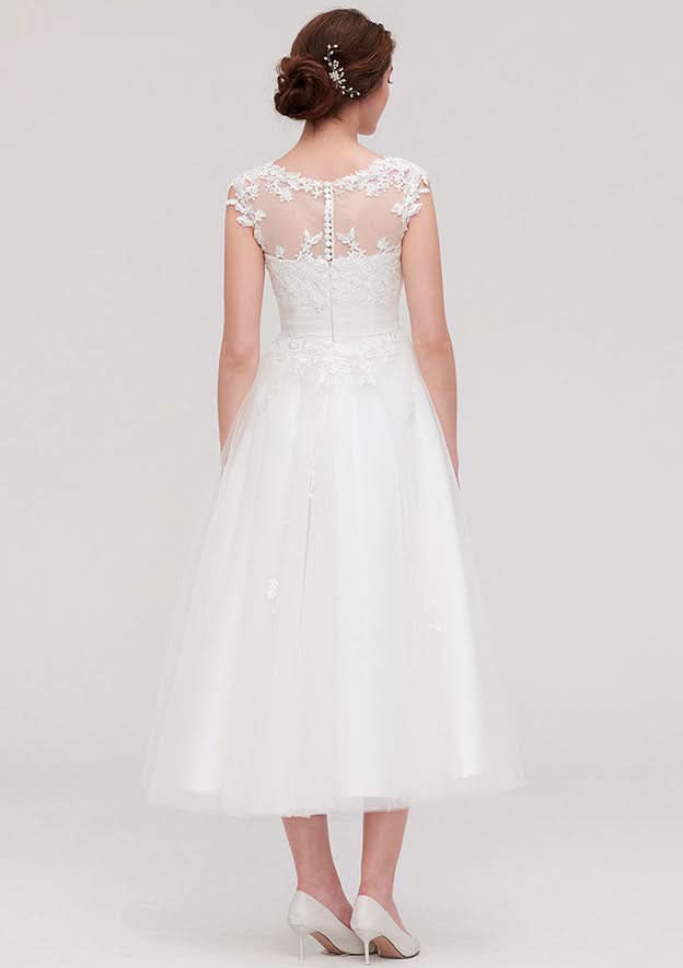 Enchanting A-Line/Princess Tulle Wedding Dress with Illusion Neck, Sleeveless Design, Tea-Length, and Applique Beading BM bride