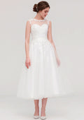 Enchanting A-Line/Princess Tulle Wedding Dress with Illusion Neck, Sleeveless Design, Tea-Length, and Applique Beading BM bride