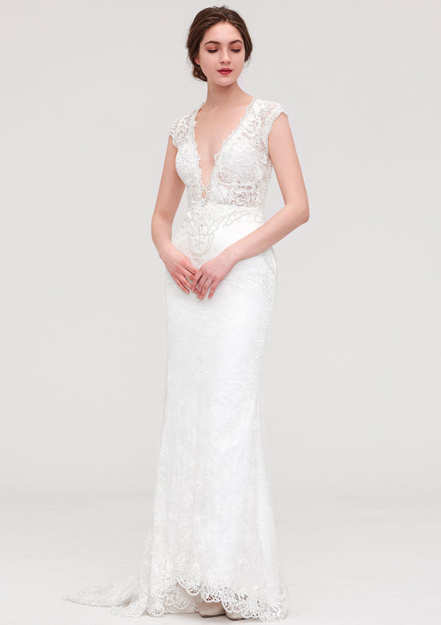 Enchanting Lace Trumpet/Mermaid Wedding Dress: V-Neck Sleeveless with Sweep Train and Beaded Lace Accents BM bride